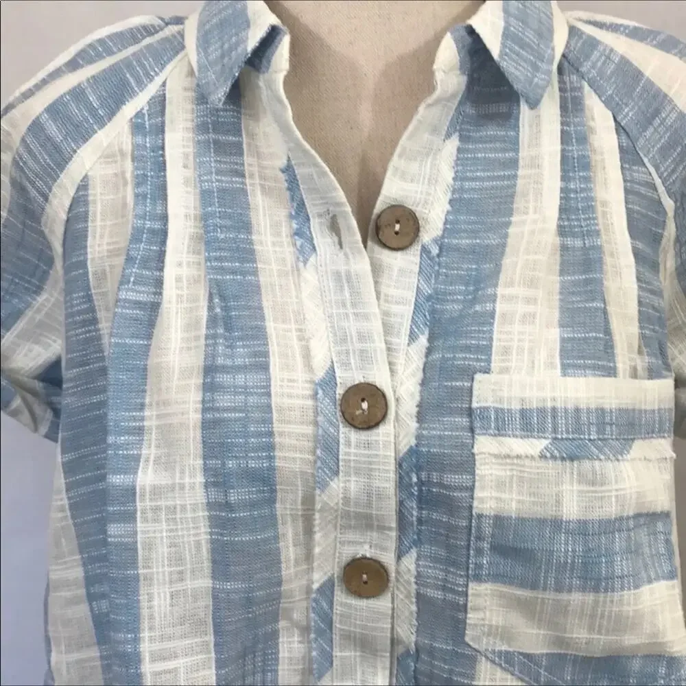 Free People Away at Sea Linen Blend Striped Blouse Top Size Small NEW